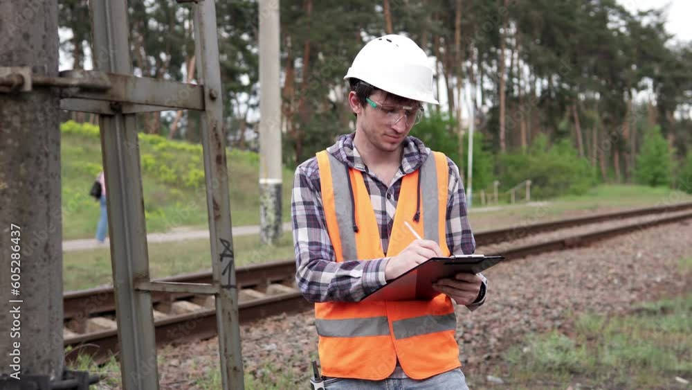 A civil engineer takes measurements of a metal structure. Critical rail infrastructure. A civil engineer takes measurements of a metal structure. Critical rail infrastructure.