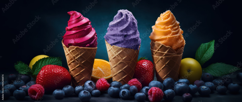 Fruity Delights: Colorful Ice Cream Cones with Fresh Fruits and Zesty Lemon, Generative AI