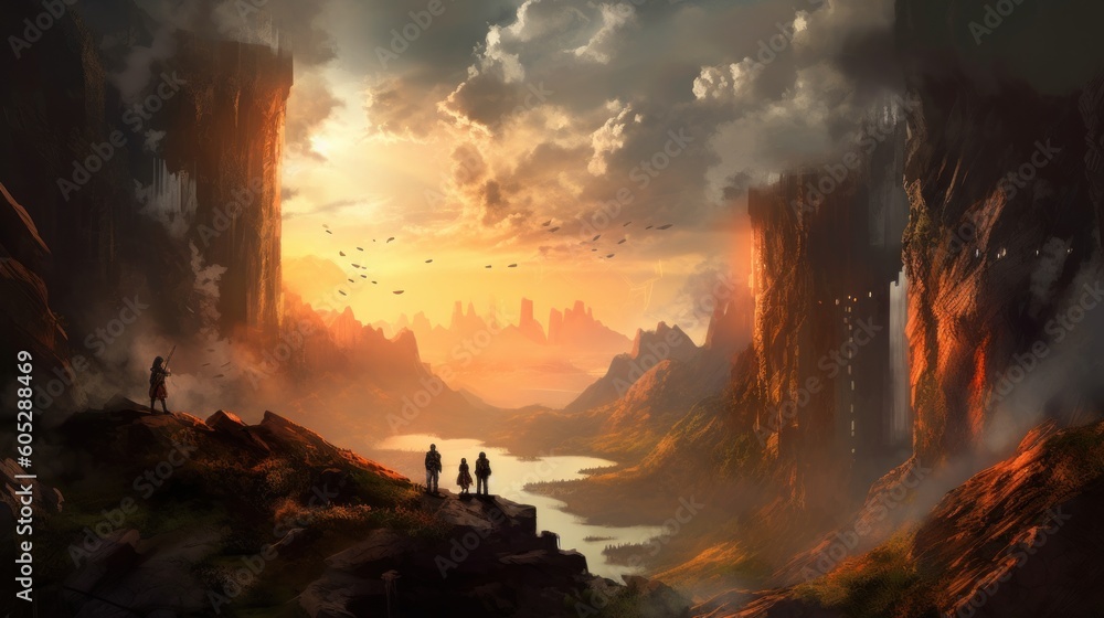 Obraz premium Game art piece that depicts a pivotal moment in the middle of an epic journey