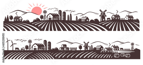 Farm and field black vector. Retro rural landscapes