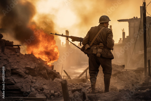 a soldier in ammunition with a machine gun standing on the ruins blazing in flames after the bombing of the city at dawn