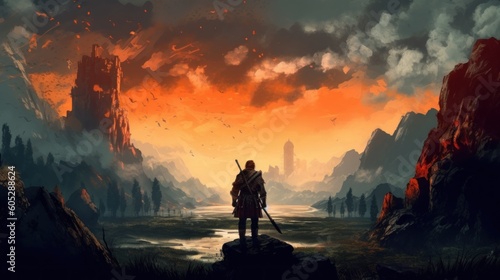 Game art piece that depicts a pivotal moment in the middle of an epic journey