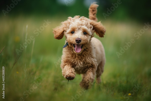 A smiling little puppy of a light brown poodle in a beautiful green meadow is happily running towards the camera, Cute dog and good friend, Free space to copy text