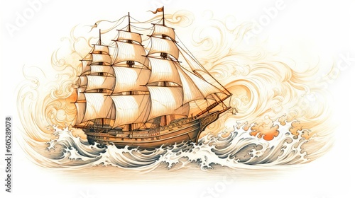 Drawing a sailboat in the waves black and white Generative AI