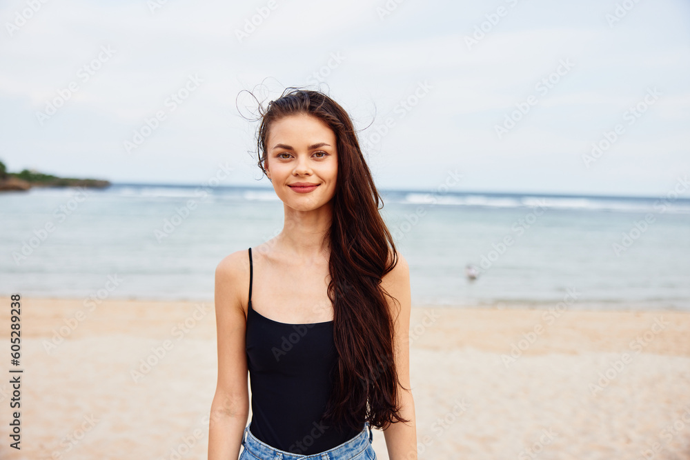 woman sand smile summer sea ocean nature leisure vacation beach young