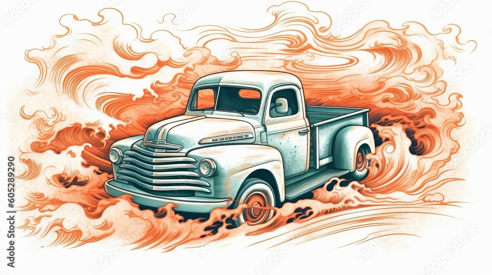 Drawing of a vintage car on fire Generative AI