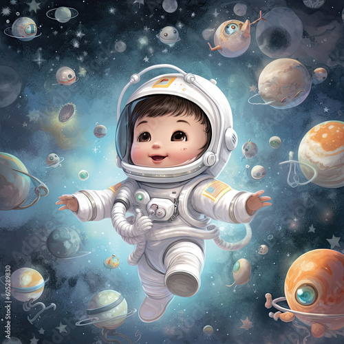 An endearing white cartoon astronaut floats with grace in zero gravity space