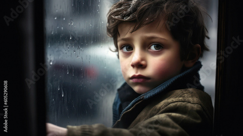 A small child alone and sad, gazes through his window, his innocent eyes flooded with tears. The room echoes his solitude, his tiny face a canvas of heart-wrenching sorrow. Generative AI photo