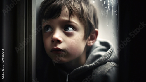 A small child alone and sad, gazes through his window, his innocent eyes flooded with tears. The room echoes his solitude, his tiny face a canvas of heart-wrenching sorrow. Generative AI