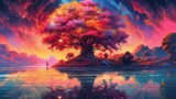 Drawing Tree with large branches near the lake Vibrant colors Generative AI