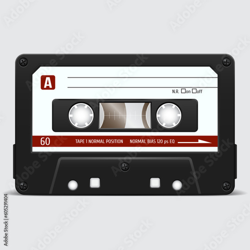 Retro audio cassette. Audio tape. Old technology. Realistic vector cassette on a white background.