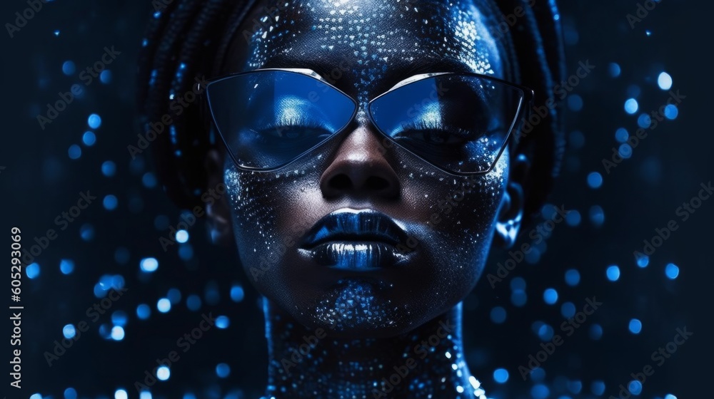Modern afro woman portrait in blue sunglasses, dark complexion, close-up with jewelry. Fashion glasses design concept. Created with AI Modern afro woman portrait in blue sunglasses, dark complexion, close-up with jewelry. Fashion glasses design concept. Created with AI