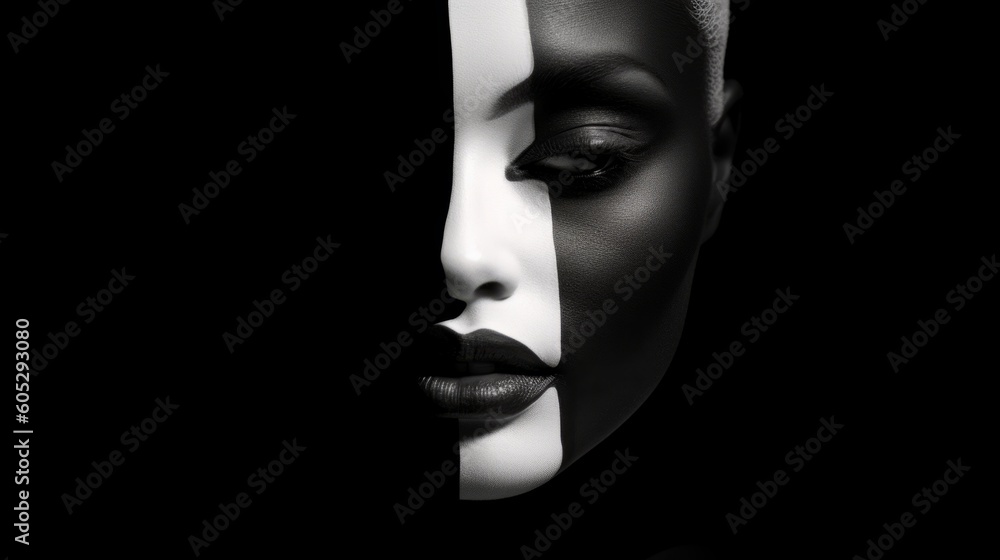 Contemporary female face painting portrait, dark and white complexion, close-up of eyes and lips. Theatrical art of model make-up with mehendi. Created with AI Contemporary female face painting portrait, dark and white complexion, close-up of eyes and lips. Theatrical art of model make-up with mehendi. Created with AI
