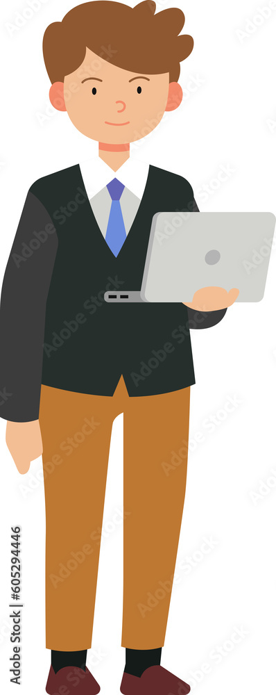 Businessman character stand and use laptop illustration Businessman character stand and use laptop illustration