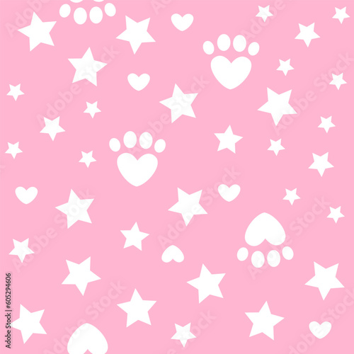 Pet paws, hearts and stars on a pink background. Vector seamless pattern. Ideal for textiles, fabrics, packaging, wrapping paper