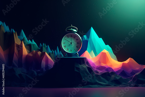 Time stopped and everything frozen. Magical place where time stands still. Clock on the background of surreal mountains. Generative AI photo