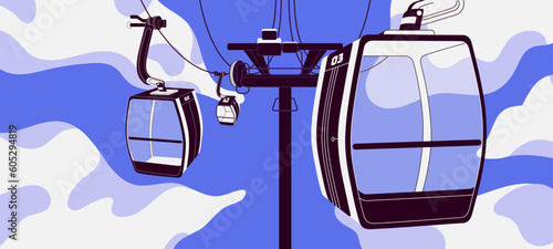 Cableway with empty cabins, air cars. Carriages, cablecars of aerial tram. Transparent glass touristic transport with cable gondolas hanging on rope, cord, wire in sky, cloud. Flat vector illustration