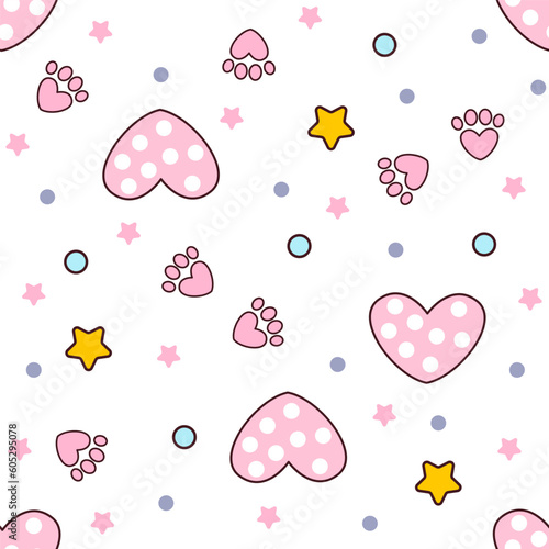 Vector seamless pattern with hearts and paws of pets on a white background. Colorful hearts, paws, polka dots and stars. Ideal for textiles, fabrics, packaging, wrapping paper and more