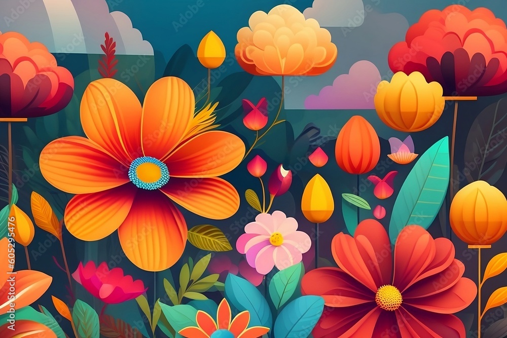 Background with plants and flowers in cartoon flat style. AI generation
