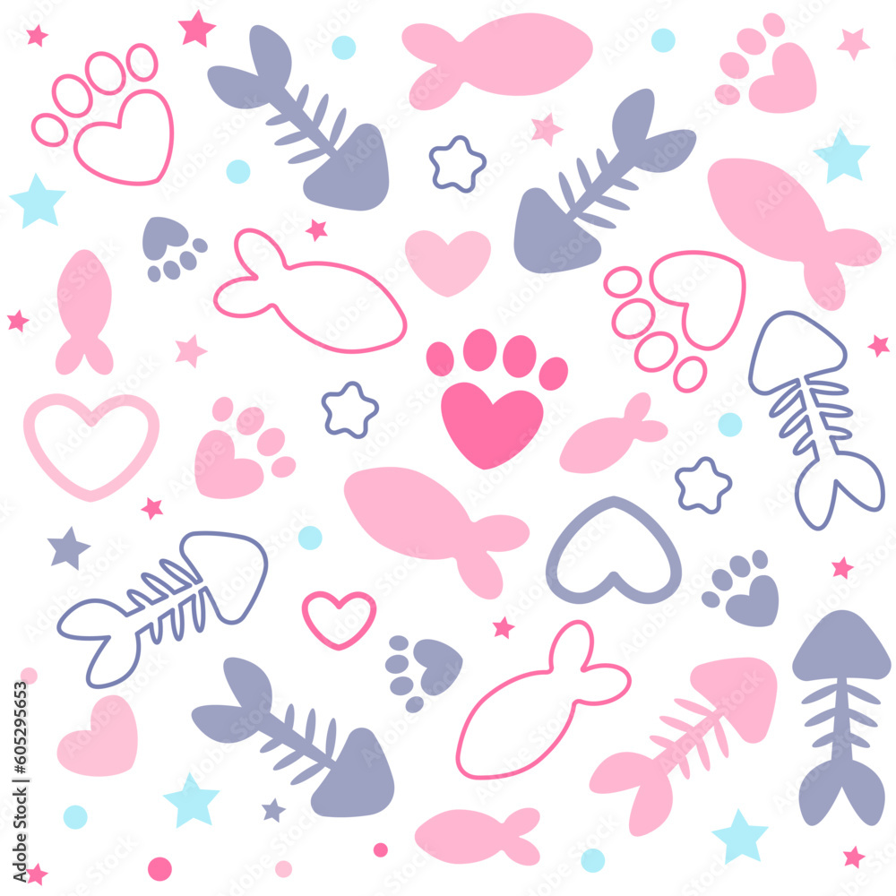 Vector seamless pattern with paw prints, hearts, bones and fish. Cat food. Suitable for pet store websites, social media posts, pet product design and much more