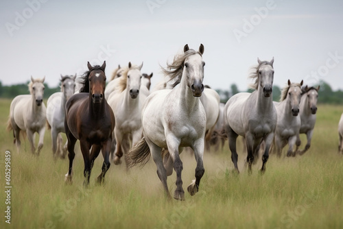 A herd of horses galloping in a field representing freedom and beauty © alisaaa