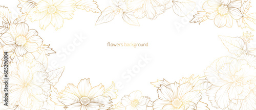 Floral border frame card template. Hibiscus, cosmos flowers. Vector design illustration. for bunner, wedding card, invitation. Golden gradient on white background. Rectangle corners sides decoration.
