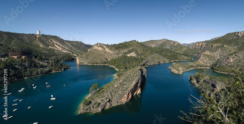 Scenic aerial view of the lake of Bolarque surrounded by lush green hills, Mexcio