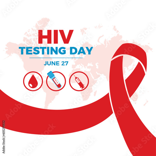 National HIV Testing Day vector illustration. Red aids awareness ribbon, test tube, drop of blood, injection syringe round icon set. Hiv aids red medical symbol. June 27. Important day