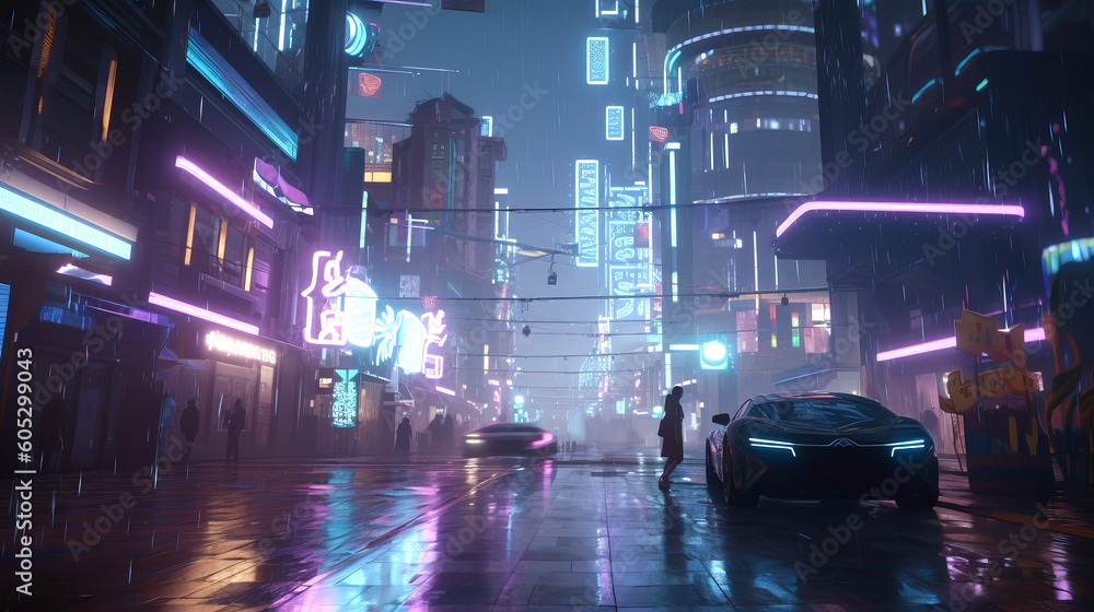 Animated view of cyberpunk street with neon lights ai image generated