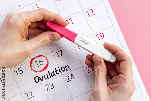 Pregnancy test with female ovulation day on calendar photo