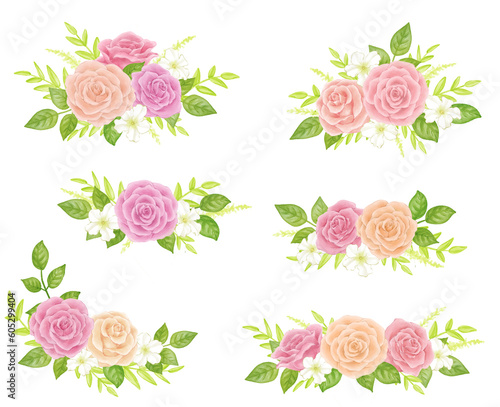 Decorative set of dull colored roses painted in digital watercolor