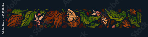 Dark chocolate. Cocoa banner Beans, leaves, fruits