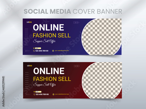 Online fashion sell social media facebook cover web banner template. Professional web banner or unique social media banner templates with modern color blue & black 