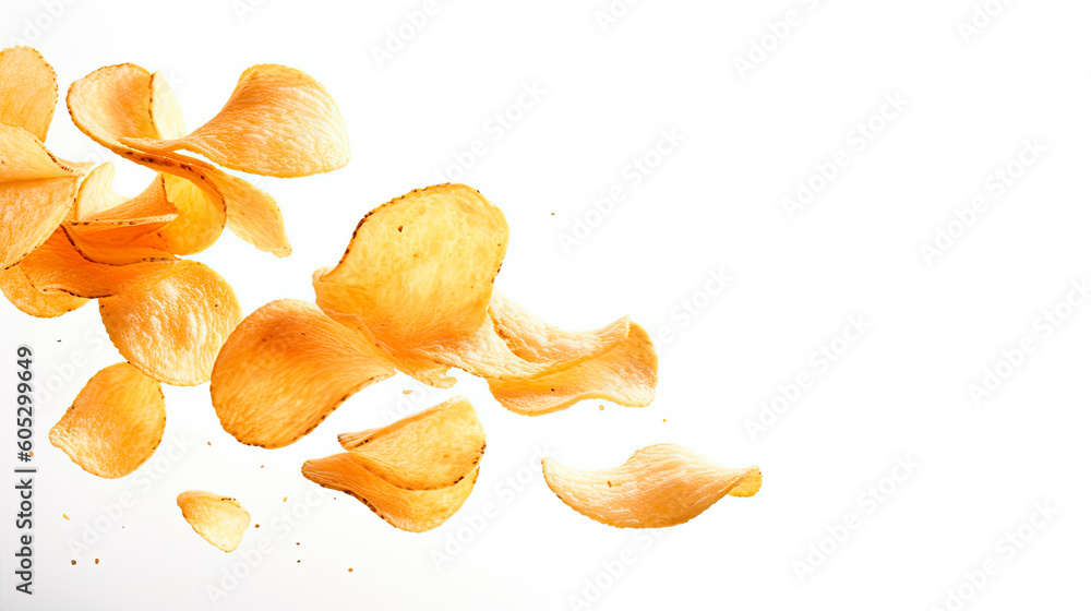 Potato chip falling in white background. Generative AI Potato chip falling in white background. Generative AI