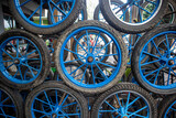 pile of wheels made of scrap metal