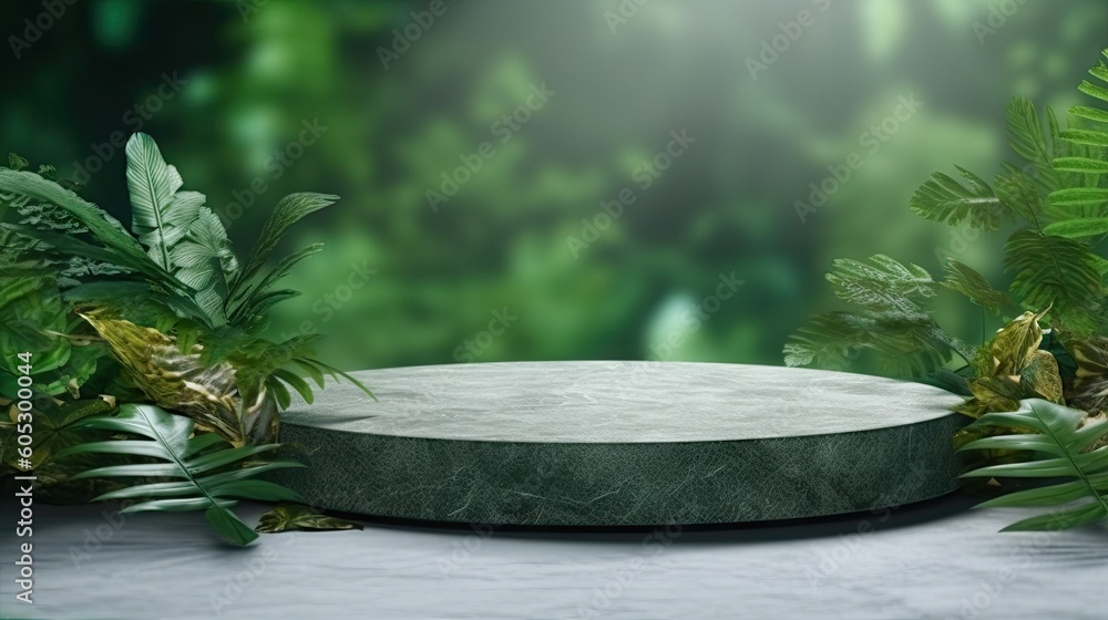 Natural stone and concrete podium in the green background for the empty show for packaging product n generative ai Natural stone and concrete podium in the green background for the empty show for packaging product n generative ai