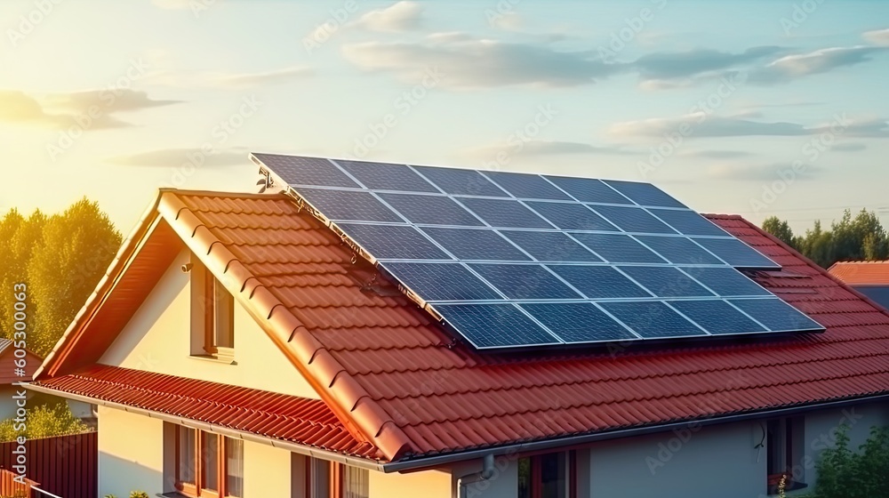 Solar panels on the roof of the house garage are renewable energy generative ai