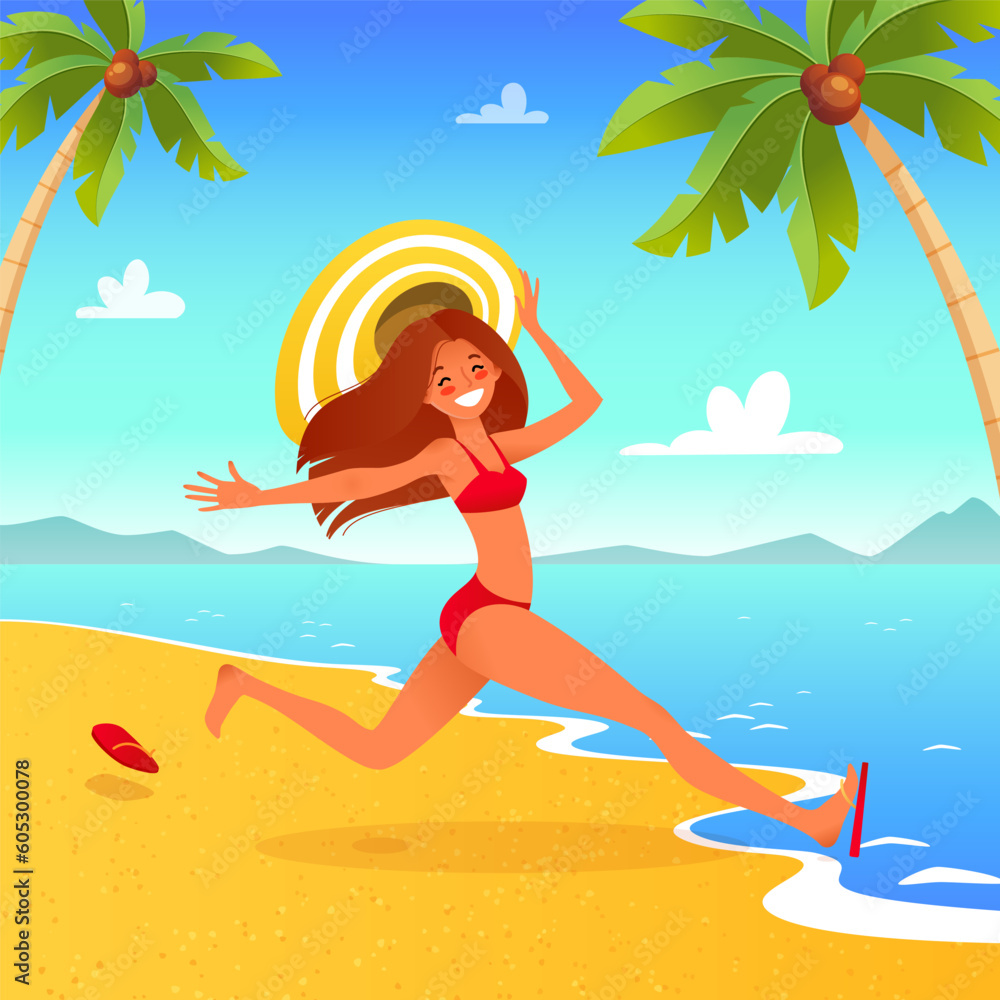 Summer vacation on seaside. Cartoon illustration of a beautiful tanned girl run on a beach to sea. Vector 10 EPS.