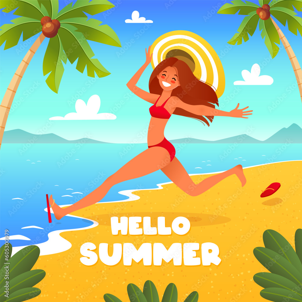 Hello summer. Cartoon illustration of a beautiful tanned girl run on a beach to sea. Vector 10 EPS.