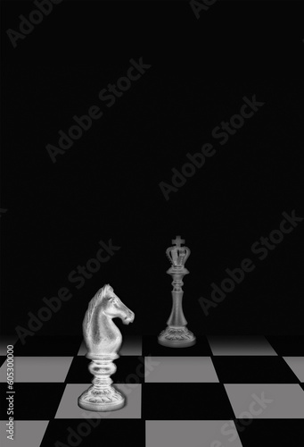 Caballo, rey y tablero de ajedrez. 