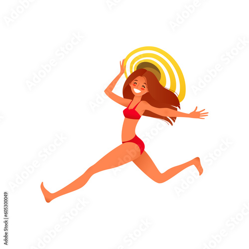 Happy girl wearing swimsuit. Cartoon illustration of a running and smiling young woman with long hair holding big hat isolated on a white background. Summer vacation concent. Vector 10 EPS.