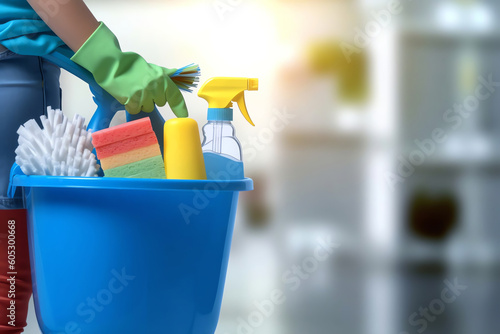 AI Generated. Cleaning Lady with Bucket and Cleaning Products. Professional Housekeeper at Home. Neat and Efficient Cleaning Service on Blurred Background. photo