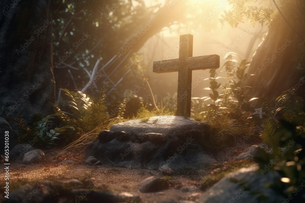 Christian cross on the grave of jesus christ on the mountain, generative ai