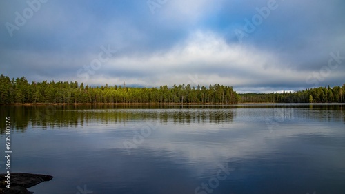 Fototapeta Naklejka Na Ścianę i Meble -  Landscape of a beautiful lake surrounded by a forest under a cloudy sky