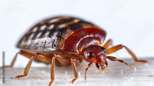 AI Generated. CloseUp of Bedbug Cimex hemipterus on White Background. Macro Photography Revealing Intricate Details of this Creepy Pest. Effective Pest Control and Eradication.