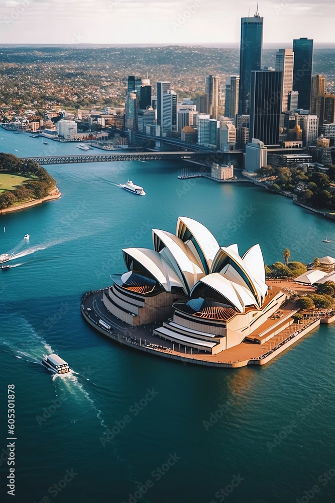 Fototapeta premium AI Generated. Captivating City View of Sydney, Australia Iconic Sydney Opera House, Majestic Harbour Bridge. Stylish Poster Design 