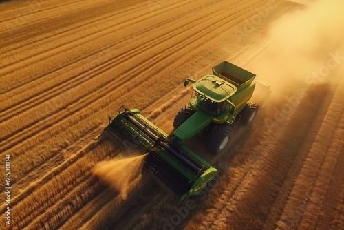 AI Generated. Aerial View of Combine Harvester in Green Field. Modern Farming Technology at Work. Real Photo Capturing Efficiency and Productivity.