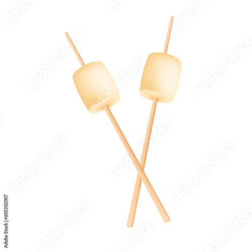 Marshmallows on sticks for toasting above fire 3D illustration. Cartoon drawing of sweet snacks for picnic in 3D style on white background. Camping, food, recreation concept