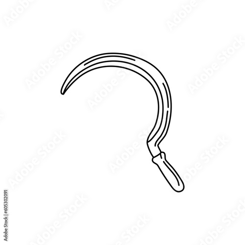 Garden sickle in hand drawn doodle style isolated on white background