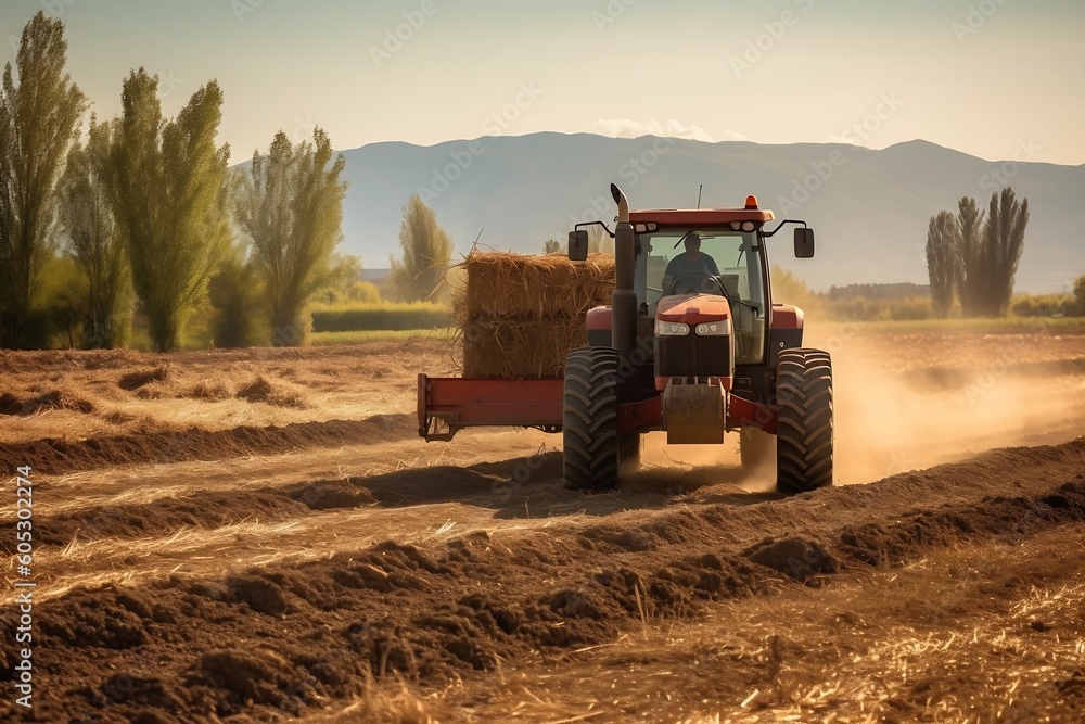 AI Generated. Tractor Working Agricultural Machinery in a Sunny Day. Efficient Farming Technology Enhancing Rural Productivity. AI Generated. Tractor Working Agricultural Machinery in a Sunny Day. Efficient Farming Technology Enhancing Rural Productivity.